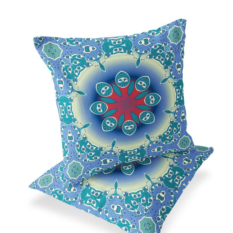 HomeRoots Set of Two 16" X 16" Blue and Green Blown Seam Floral Indoor Outdoor Throw Pillow - 16.00' X '16.00' X '5.00