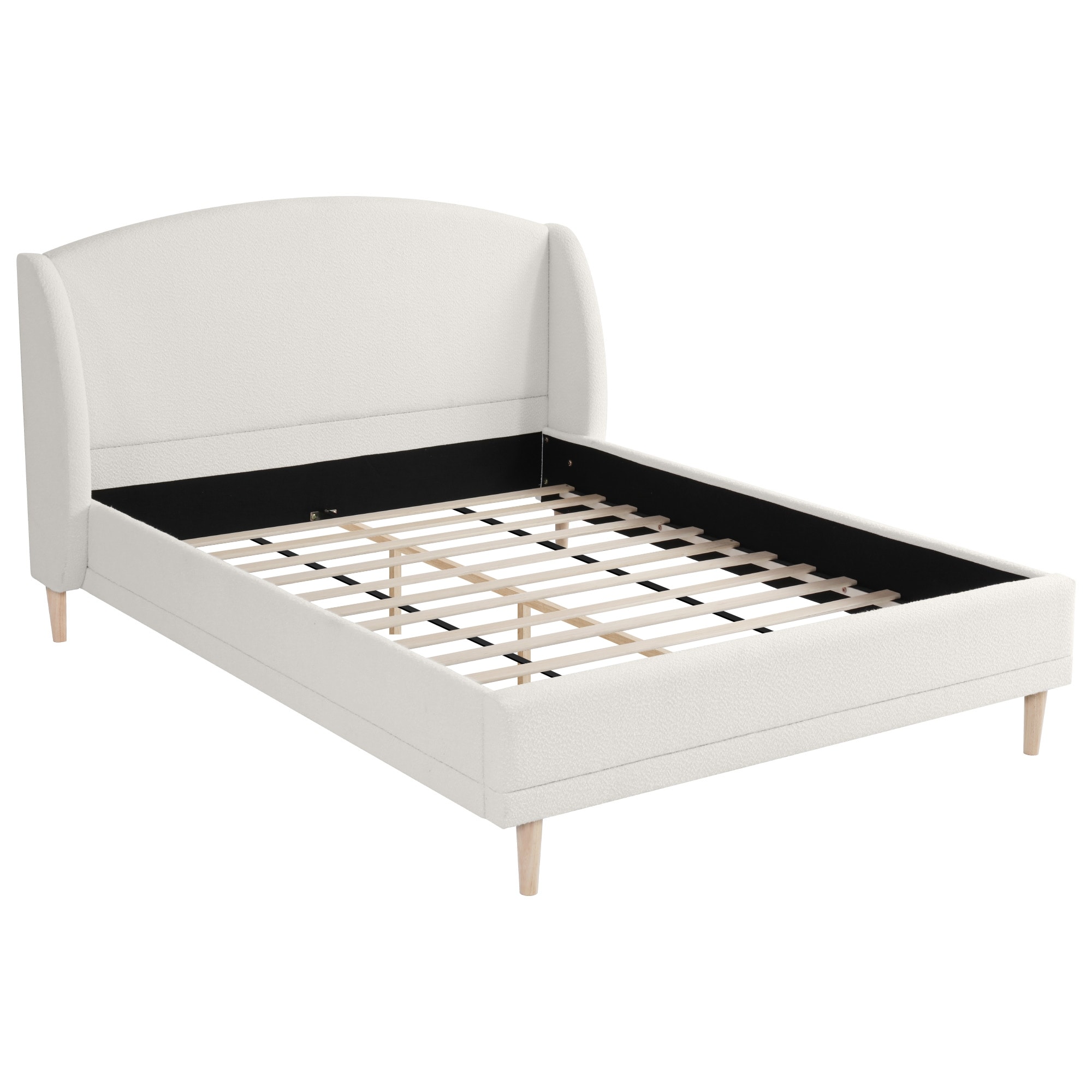 Upholstered Platform Bed Frame with Wingback Curved-Shaped Headboard, Solid Rubber Wood Legs, Wood Bed Support and Slats - White
