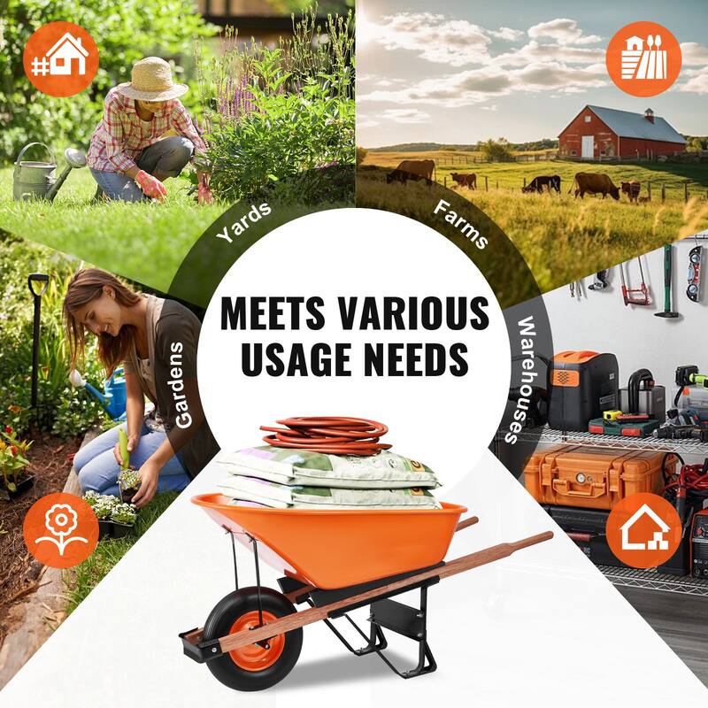 Orange Iron PU Heavy-Duty Wheelbarrow 330lbs Cart w/ Foam Tire - 54.72 x 25.59 x 27.56 in