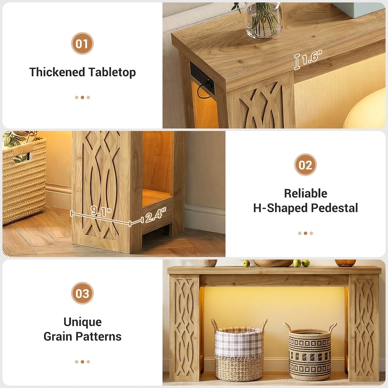 47" Farmhouse Console Table with RGB LED Light ＆ Power Outlets, Unique Carved Design Farmhouse Entryway Table Sofa Table