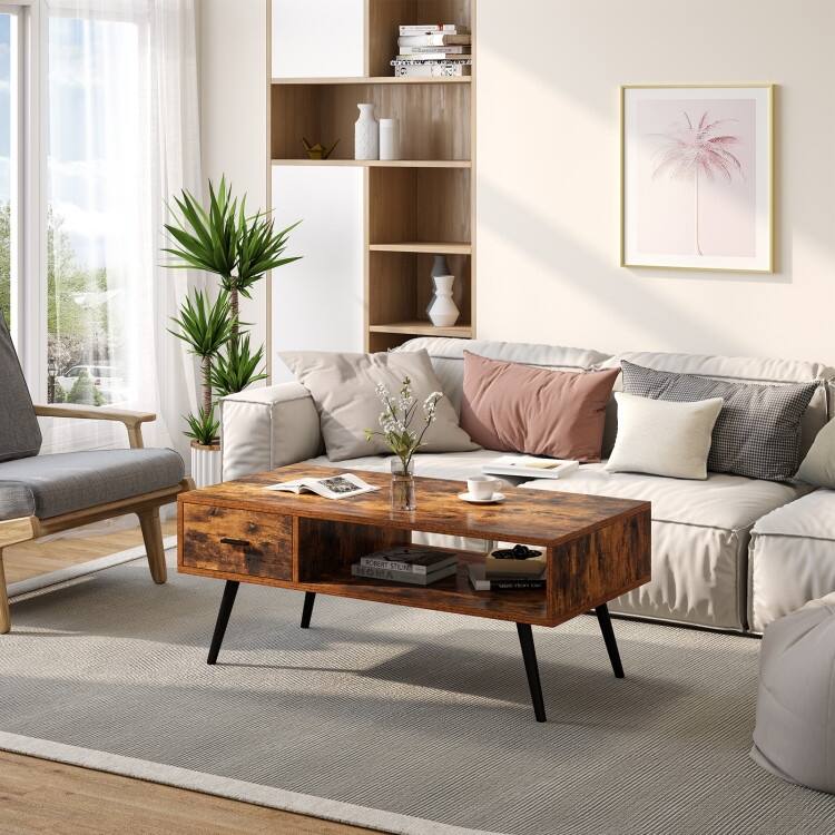 Mid-Century Coffee Table with Drawer and Open Shelf for Storage - 43" x 21.5" x 17.5"