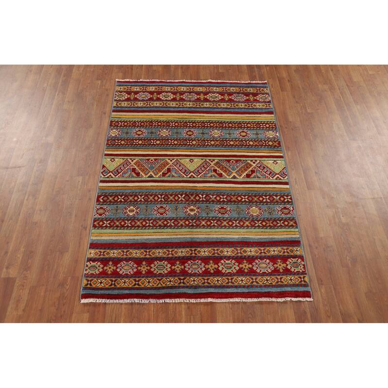 Striped Kazak Oriental Accent Rug Handmade Wool Carpet - 4'2" x 6'0"