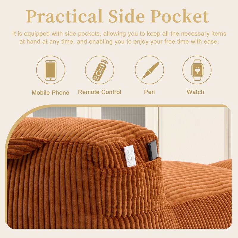Corduroy Upholstered Lounger Large Ergonomic Support Compressed Bean Bag Sofa with Ottoman