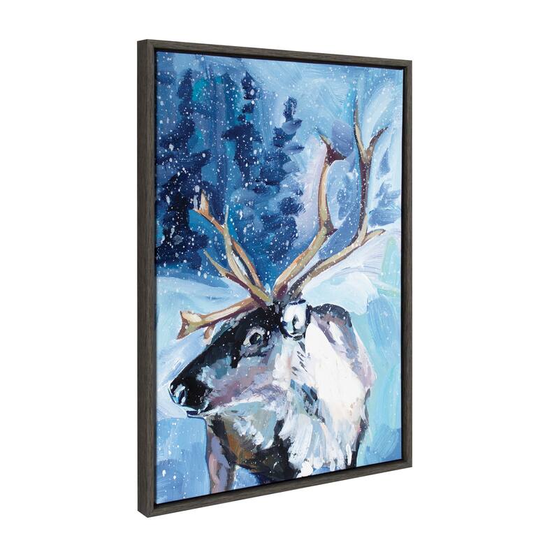 Kate and Laurel Sylvie Reindeer In Snow Framed Canvas by Rachel Christopoulos - 23x33 - Grey