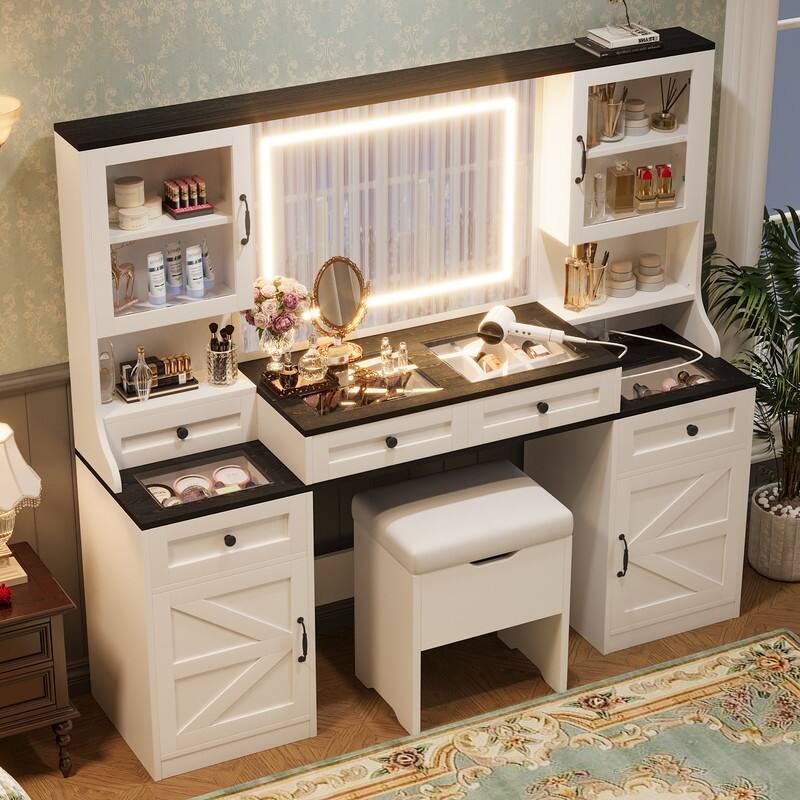 Large Makeup Vanity Desk with Mirror & Lights, Glass Top Vanity Set with Charging Station & Cabinets, Dressing Table with Stool
