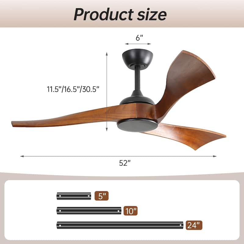 52" Wood Noiseless 3-Blade Ceiling Fans with Dimmable LED Light Optional and Remote, 6-Speed Reversible DC Motor