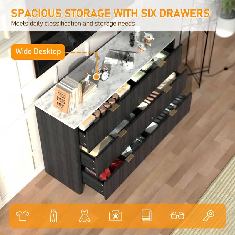 VEIKOUS 6-Drawer Dresser for Bedroom, Wooden Chest of Drawers with White Faux Marble Top