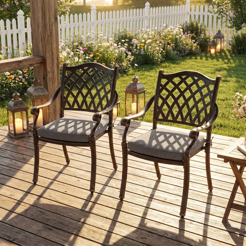 Outdoor Dining Chairs Bronze Cast Aluminum French European Inspired Design with Cushion Set of 2