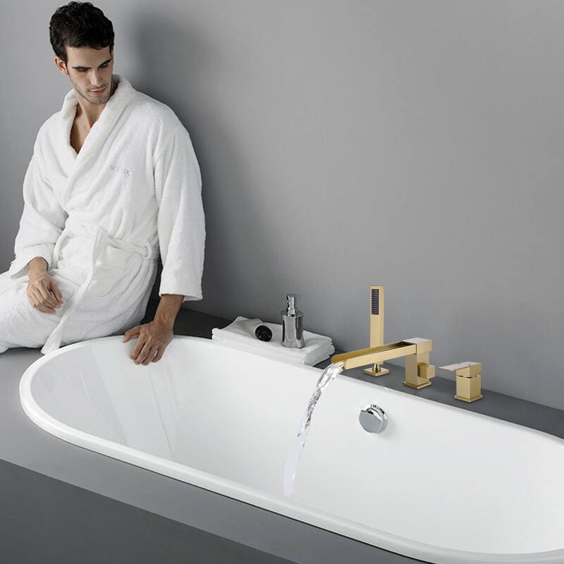 Solid Brass Single-Handle Deck Mounted Waterfall Roman Tub Faucet with Hand Shower