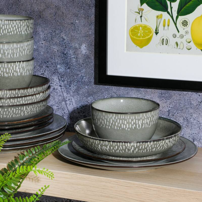 Gibson Elite Matisse 16-Piece Double Bowl Reactive Glaze Stoneware Dinnerware Set - Green