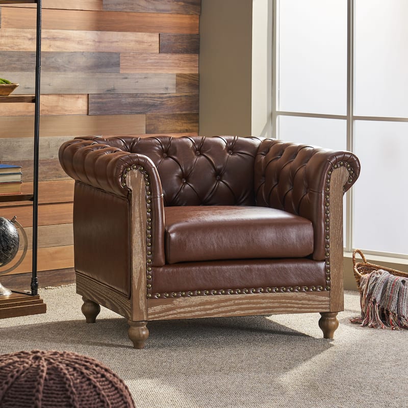 Castalia Chesterfield Tufted Club Chair by Christopher Knight Home - 39.00" L x 33.50" W x 28.00" H - Dark Brown + Natural