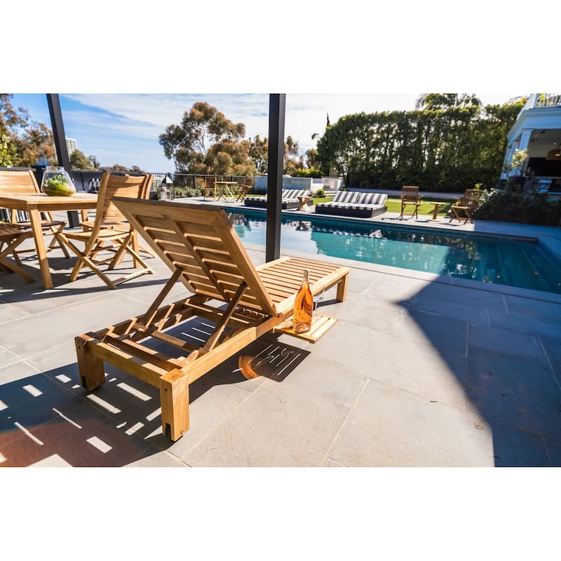 Nordic Style Teak Natural Chaise Lounger with Side Table - N/A