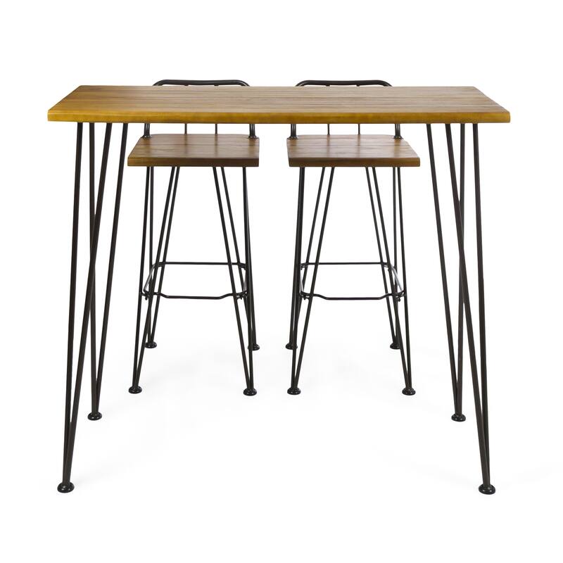 Roomfitters 3-Piece Outdoor Industrial Bar Set, Teak Finished Acacia Wood Table and 2 Stools with Iron Hairpin Legs, Brown