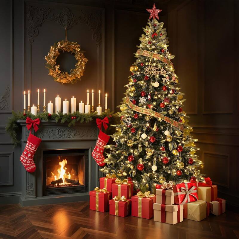 7.5 FT Prelit Christmas Tree, Pencil Christmas Tree with 240 Warm White Lights-8 Modes, Automatic Hinged Expansion