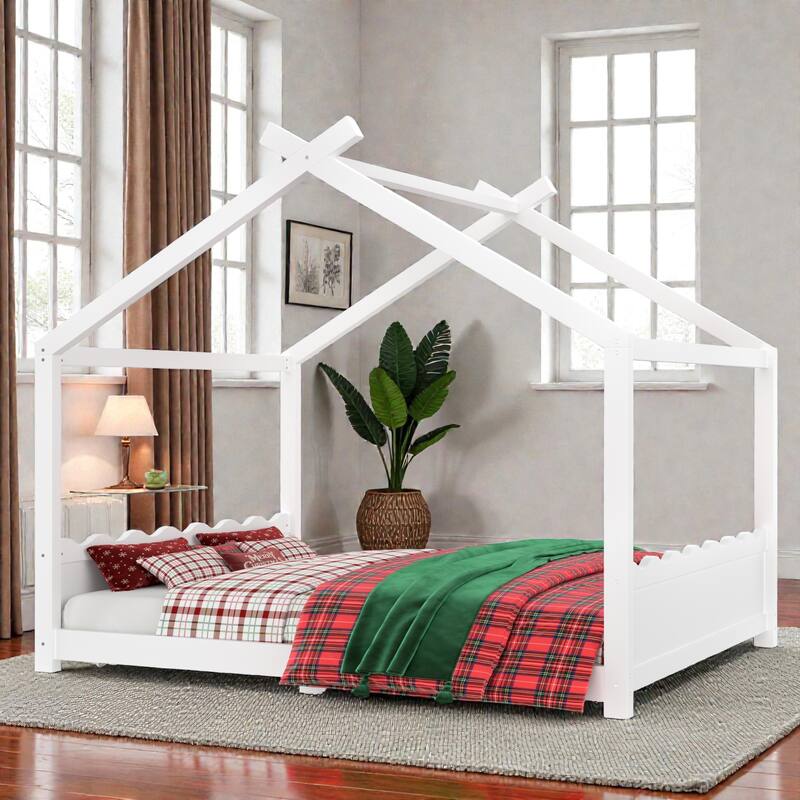Kids Solid Wood House Floor Bed with Support Slats, Montessori Low Profile Bed, No Box Spring Needed