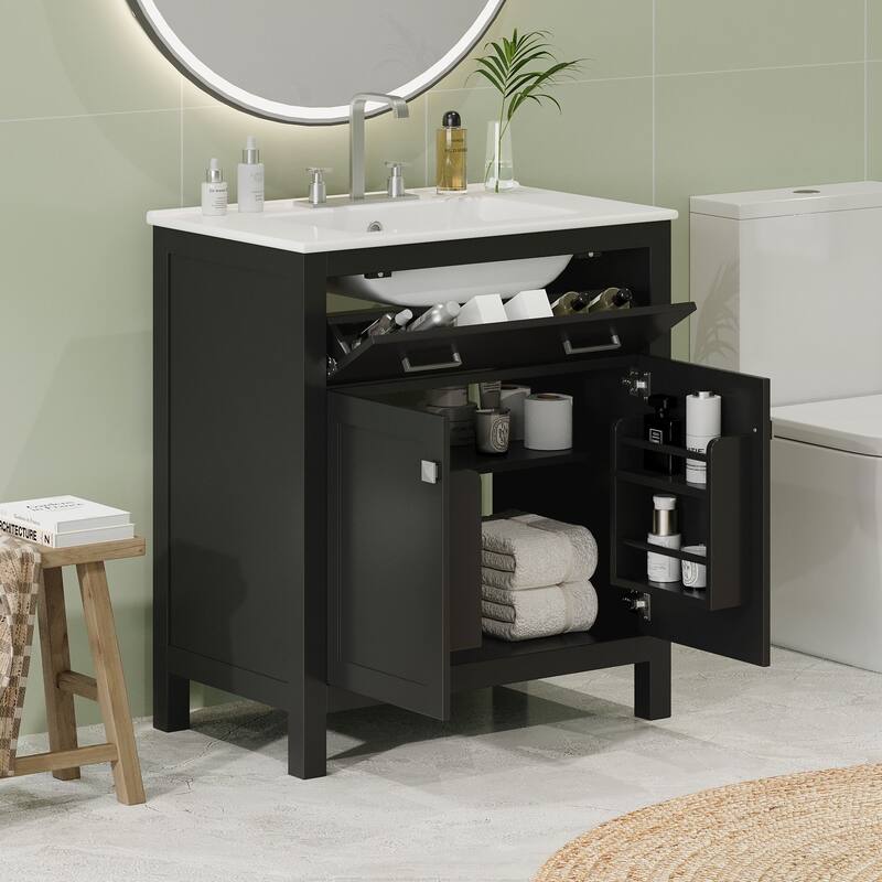 Modern 30-Inch Bathroom Cabinet with Undermount Sink, Solid Wood Frame & Flip-Out Drawer - Black