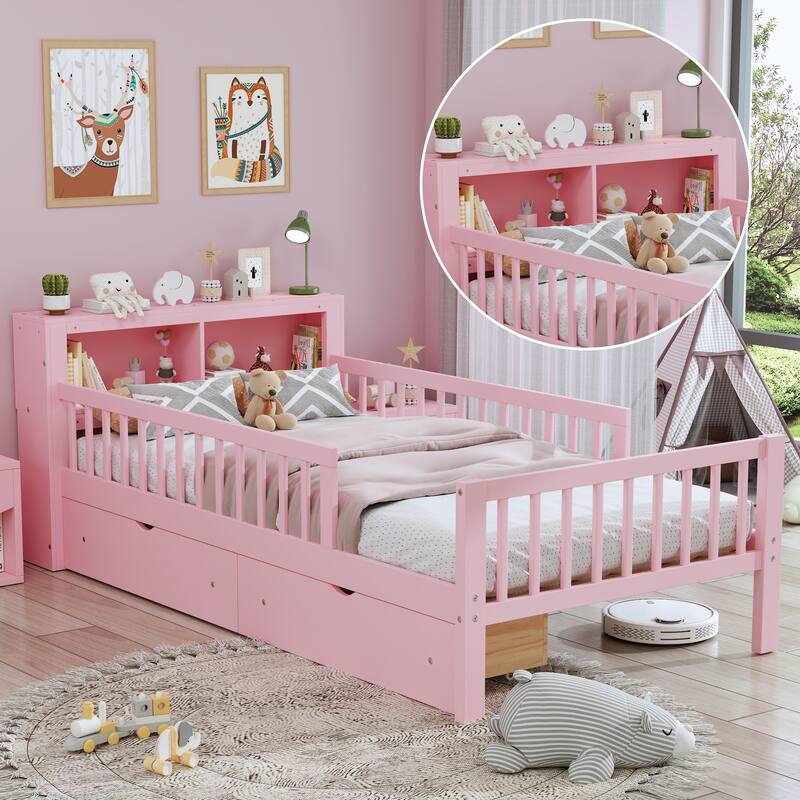 Pink Twin Size Bed with Headboard Storage, Safety Guardrails & Under-Bed Drawers