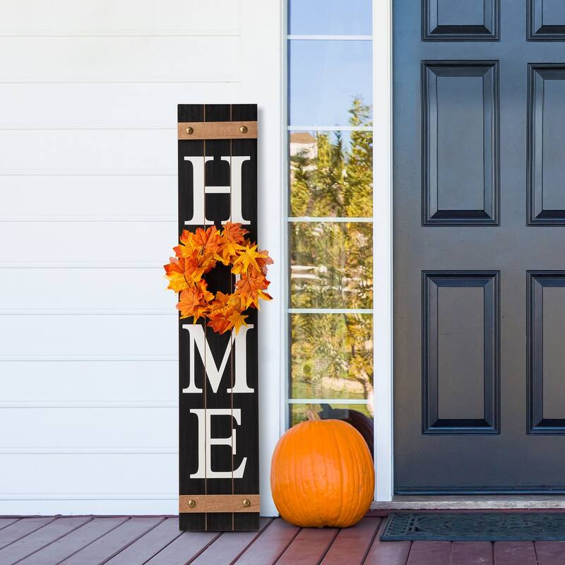 Glitzhome 42"H Wooden "HOME" Porch Sign with 3 Changable Floral Wreaths