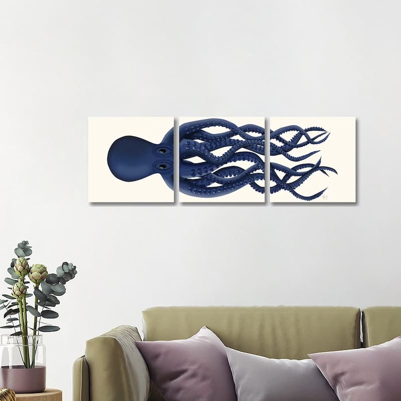 iCanvas "Giant Octopus Blue Panoramic" by Fab Funky 3-Piece Canvas Wall Art Set - 16x48x1.5