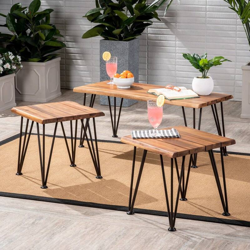 Roomfitters Wooden Outdoor Side Table with Hairpin Metal Legs, Square Patio End Table for Porch or Garden, Teak - Teak