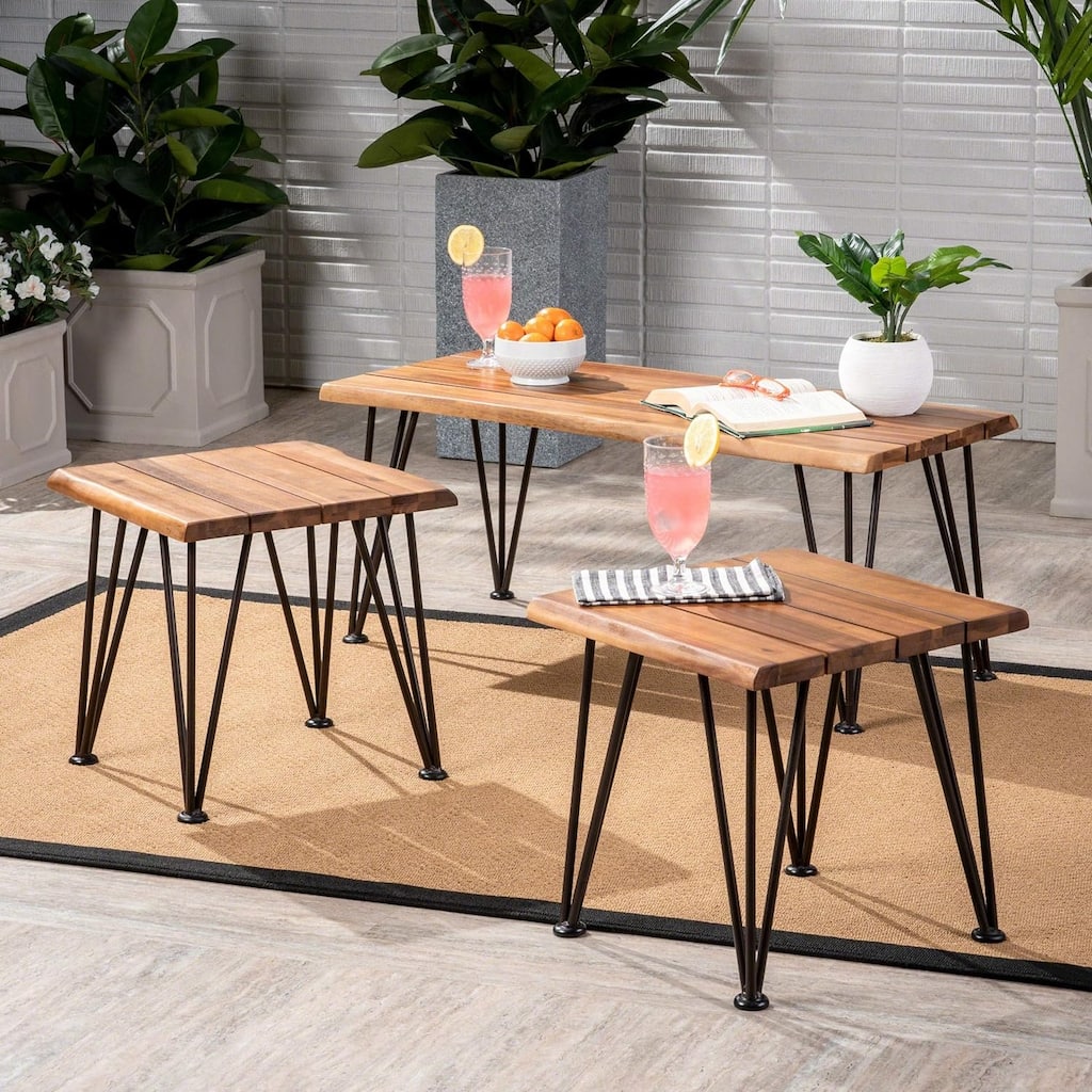 Roomfitters Wooden Outdoor Side Table with Hairpin Metal Legs, Square Patio End Table for Porch or Garden, Teak