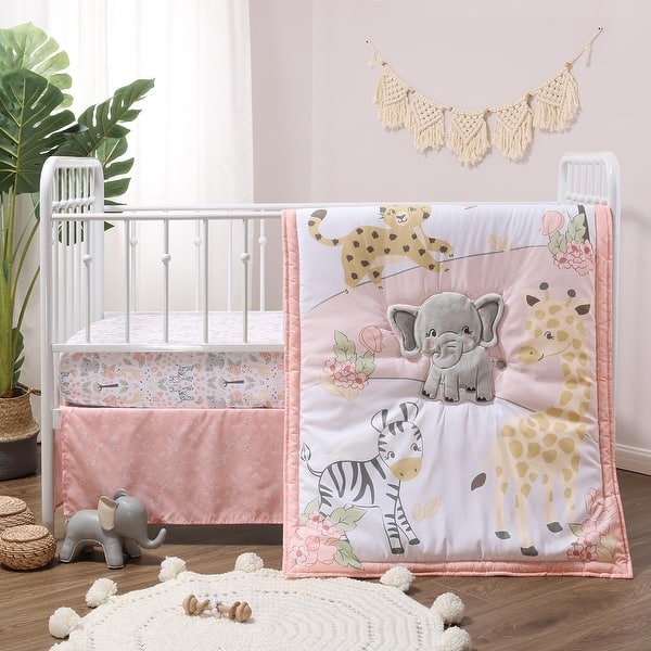 slide 2 of 5, The Peanutshell Pink and Grey Wildest Dreams Crib Bedding Set for Baby Girls, 3 Piece Nursery Set