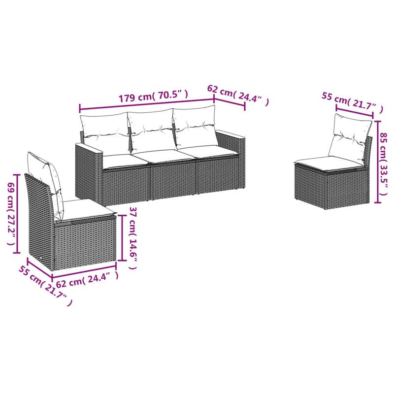 vidaXL Patio Sofa Set with Cushions Outdoor Conversation Furniture Poly Rattan - 21.7x 24.4x 27.2
