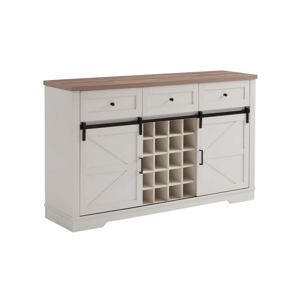 Sideboard with Sliding Barn Door, Large Kitchen Coffee Bar Cabinet, Buffet Cabinet with Wine Rack, Storage Shelves & 3 Drawers