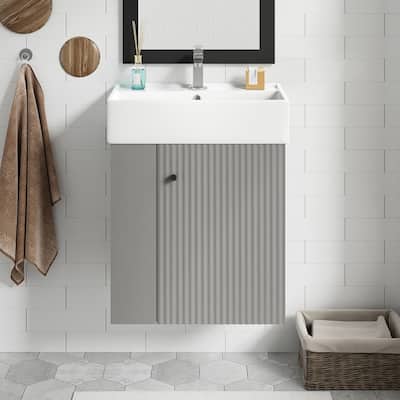 21.6" Floating Bathroom Vanity with Ceramic Basin, Left side storage