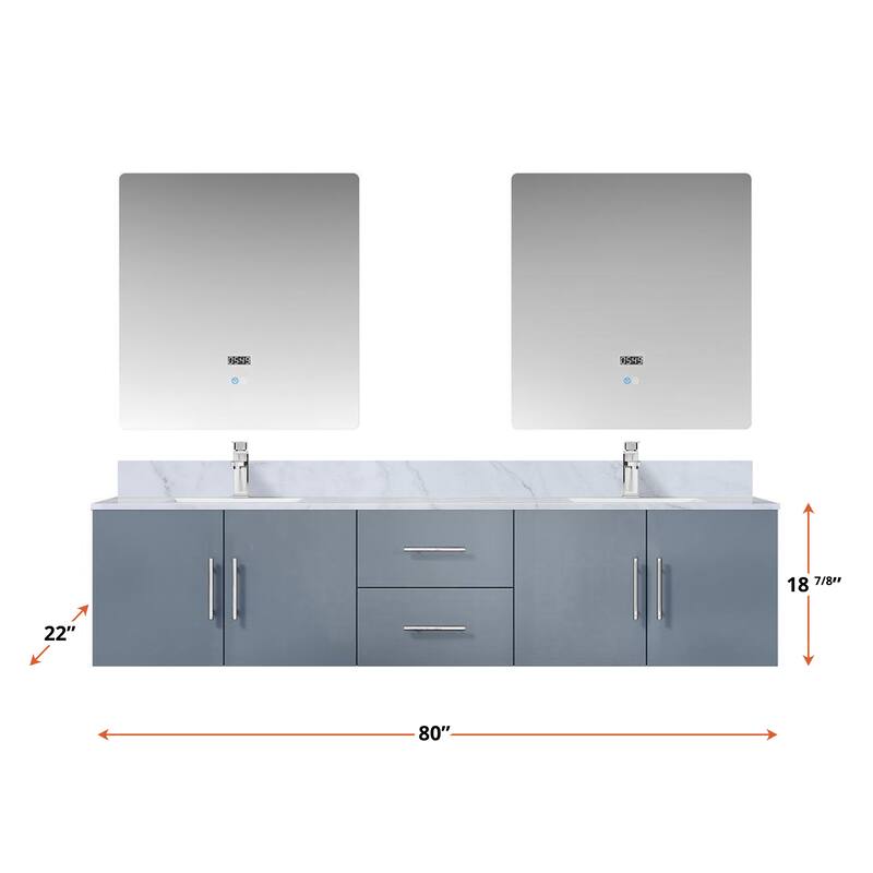 Geneva 80 in. W x 22 in. D Dark Grey Double Bath Vanity, Carrara Marble Top, and 30 in. LED Mirrors