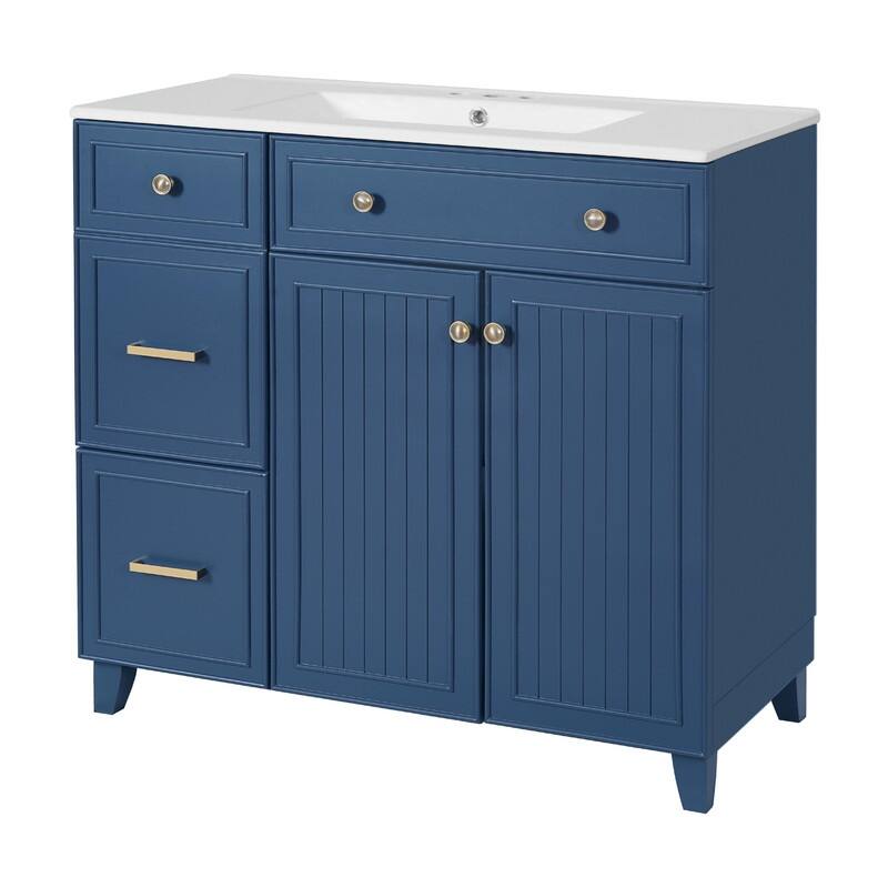 36" Bathroom Vanity with Ceramic Sink, Soft-Close Doors, Standard & Double-Layer Drawers & Adjustable Shelves