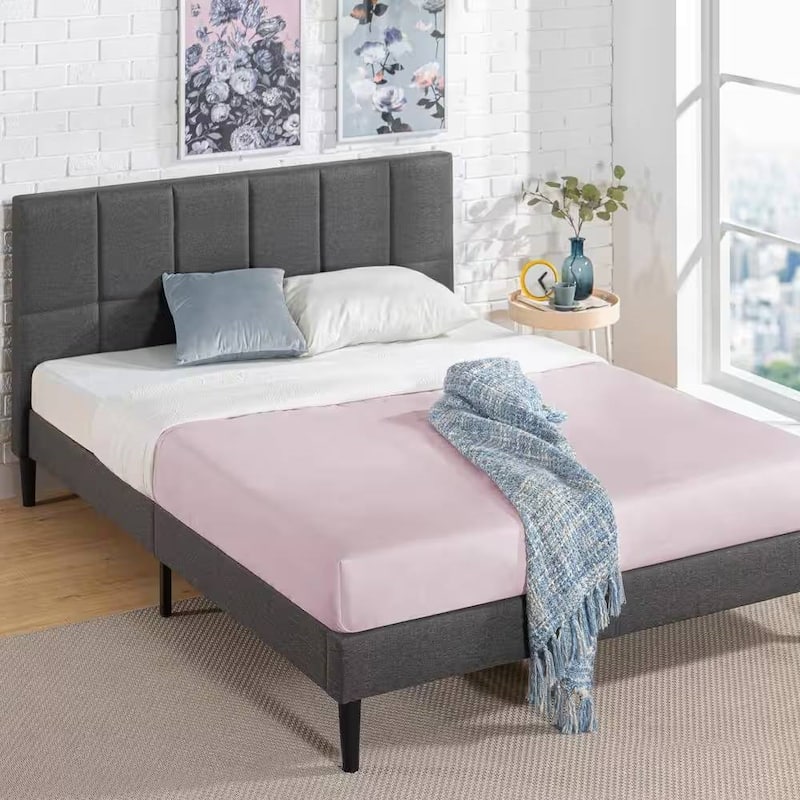 Modern Upholstered Platform Bed with Square-Stitched Headboard Low Profile Bed Frames Grey