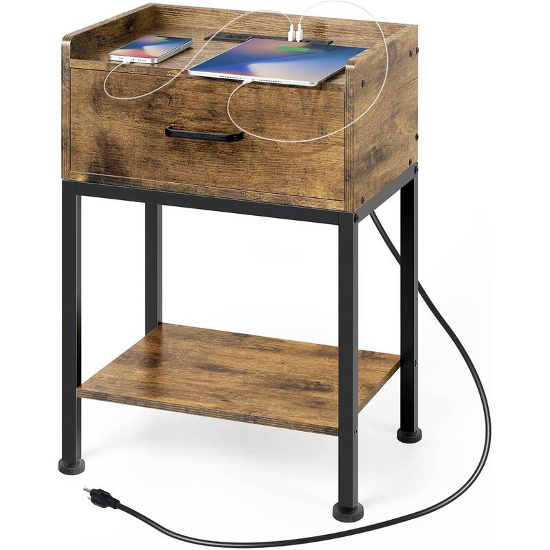Nightstand with Charging Station and USB Ports - Brown