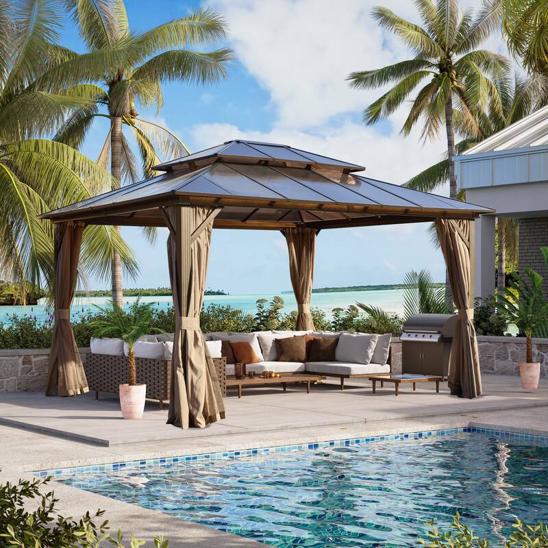 EROMMY Outdoor Wood Gazebo with Double Polycarbonate Roof, Heavy Duty Backyard Patio Pergola Canopy for Garden Shade