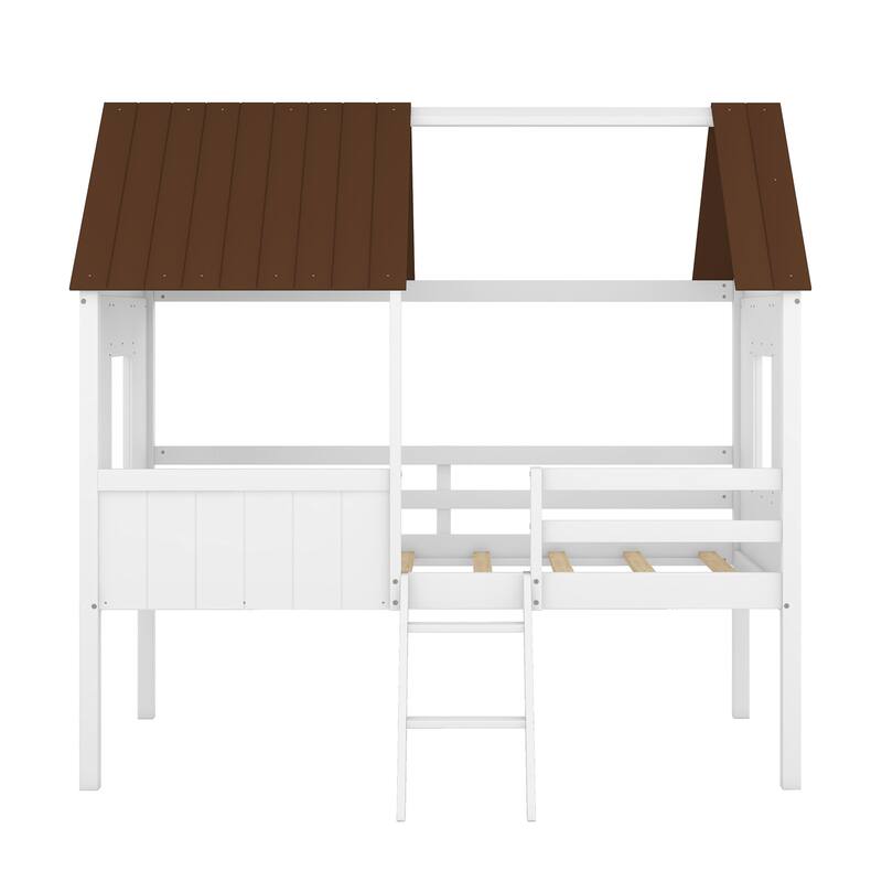 Low Loft Twin House Bed with Guardrail and Two Side Windows, Sturdy Wood Frame