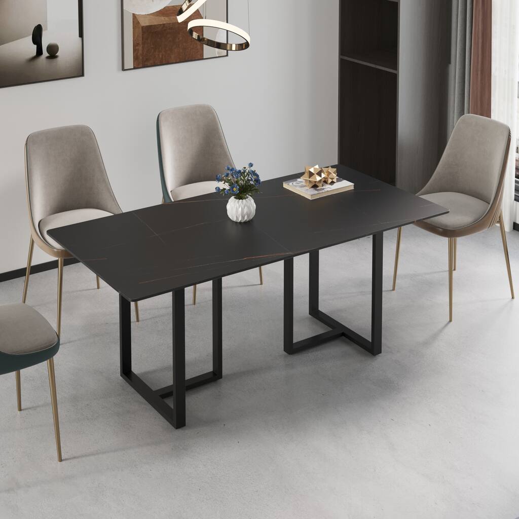 Modern 71L x 35W Rectangular Black Marble Dining Table with Steel Legs ...