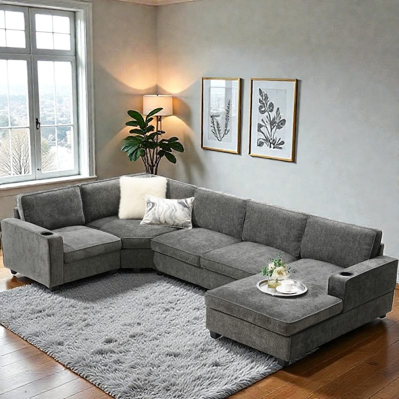119" U-Shaped Sectional Sofa with Cup Holders, 6 Seat Chenille Corner Couch, Oversized Chaise Lounge