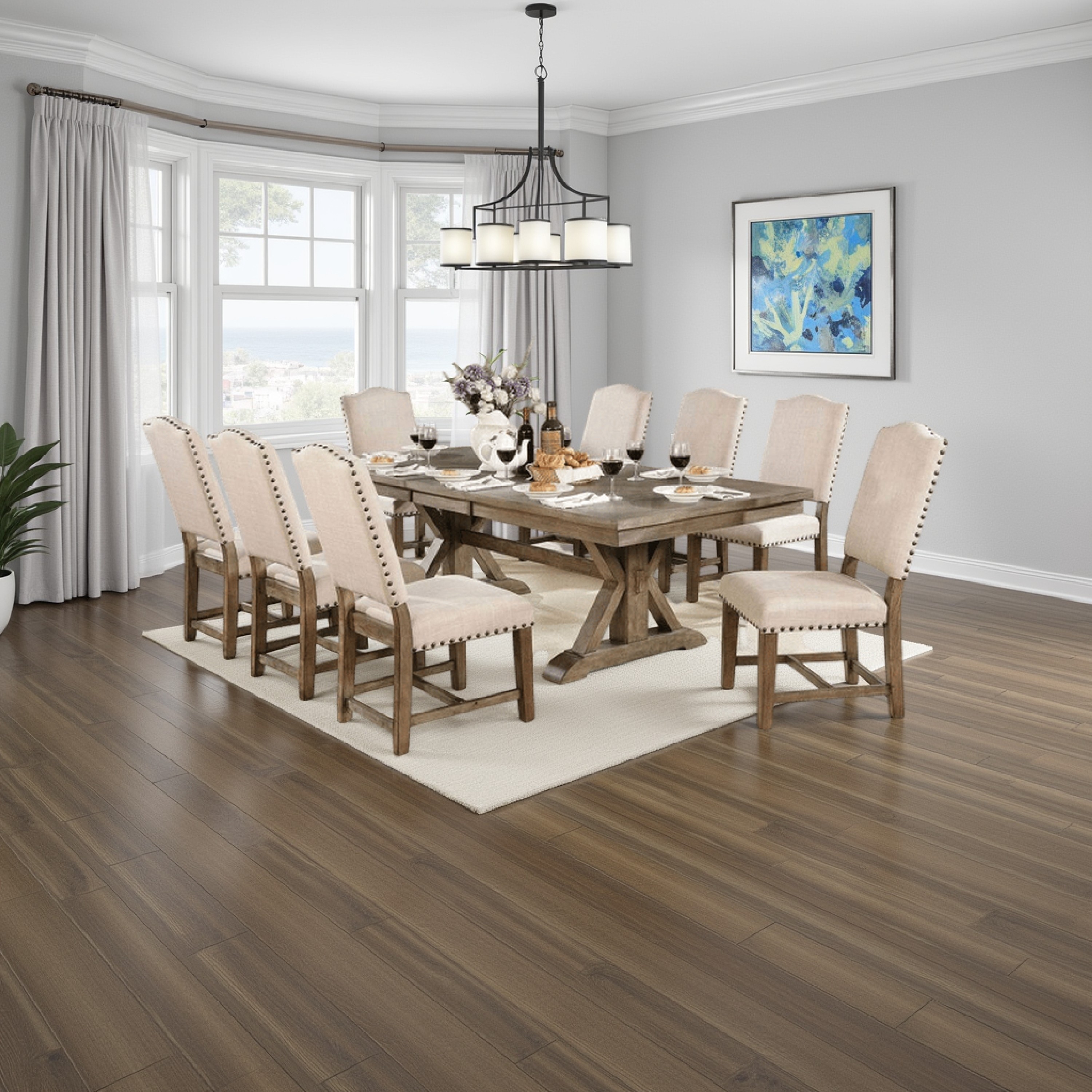 Benjara Juli 9pc Dining Table Set with Expandable Leaf, 8 Beige