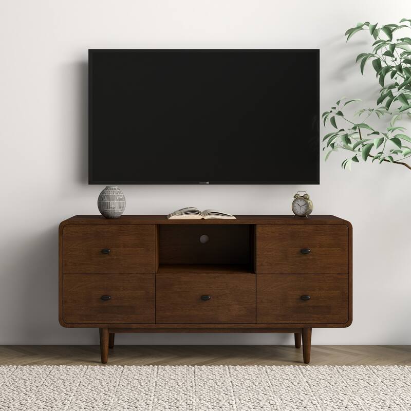 Seamore Mid Century Modern High Profile Solid Wood Universal TV Media Stand, Entertainment Unit up to 60 inch Wide