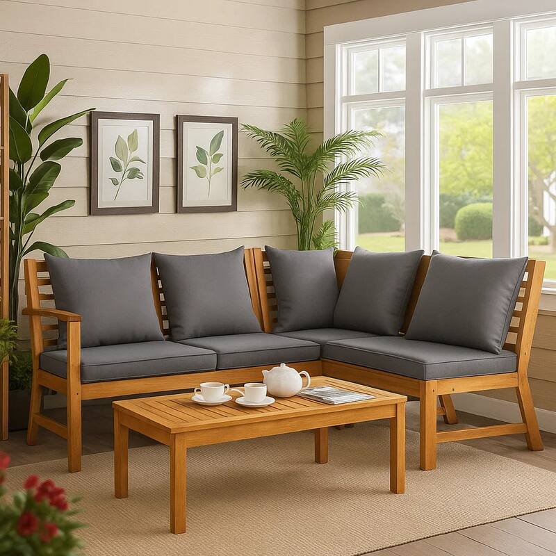 Roma 4pc Patio Sofa Set with Coffee Table, Gray Cushions, Acacia Wood