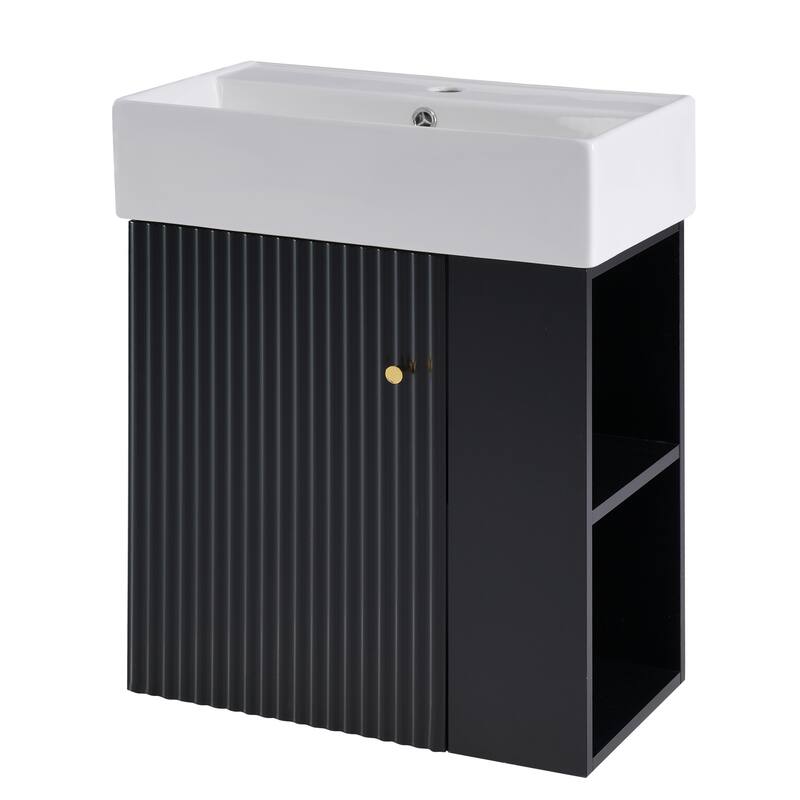 Floating Bathroom Vanity with Ceramic Sink, Wall Mounted Bathroom Vanity, Bathroom Cabinet with Door & Right Side Shelf