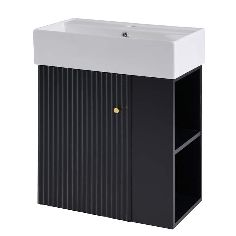 Roomfitters Modern 21.6" Floating Bathroom Vanity with Ceramic Sink, Soft-Close Door and Open Side Storage