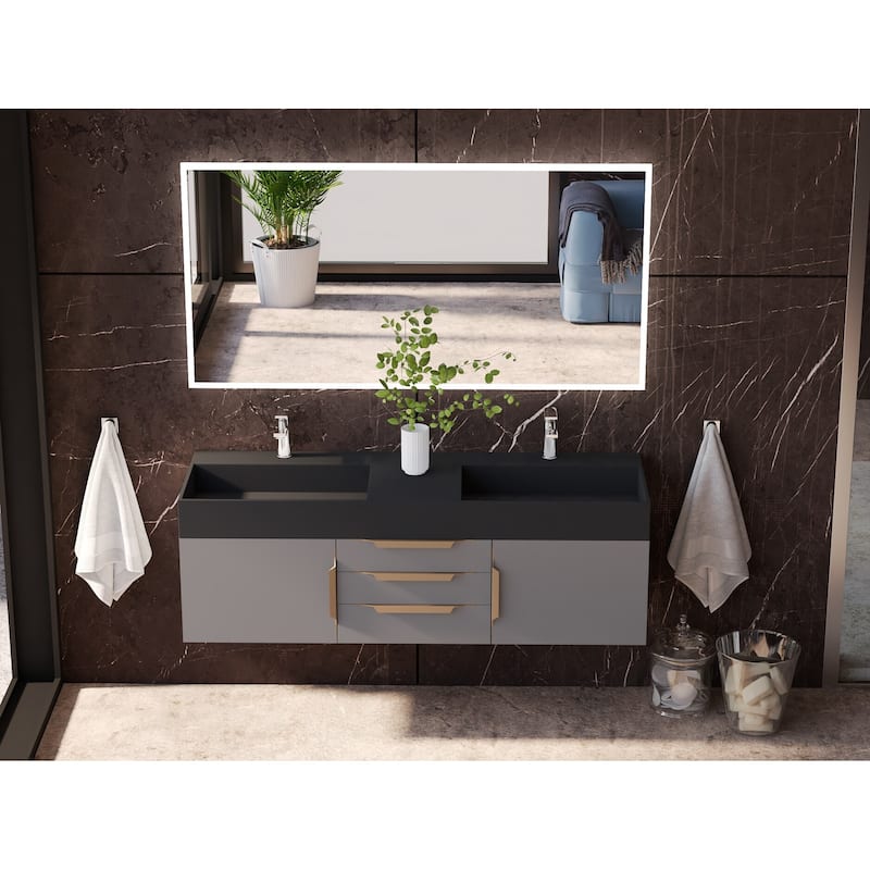 Amazon 60" Wall Mounted Bathroom Vanity Set w/ Black Top