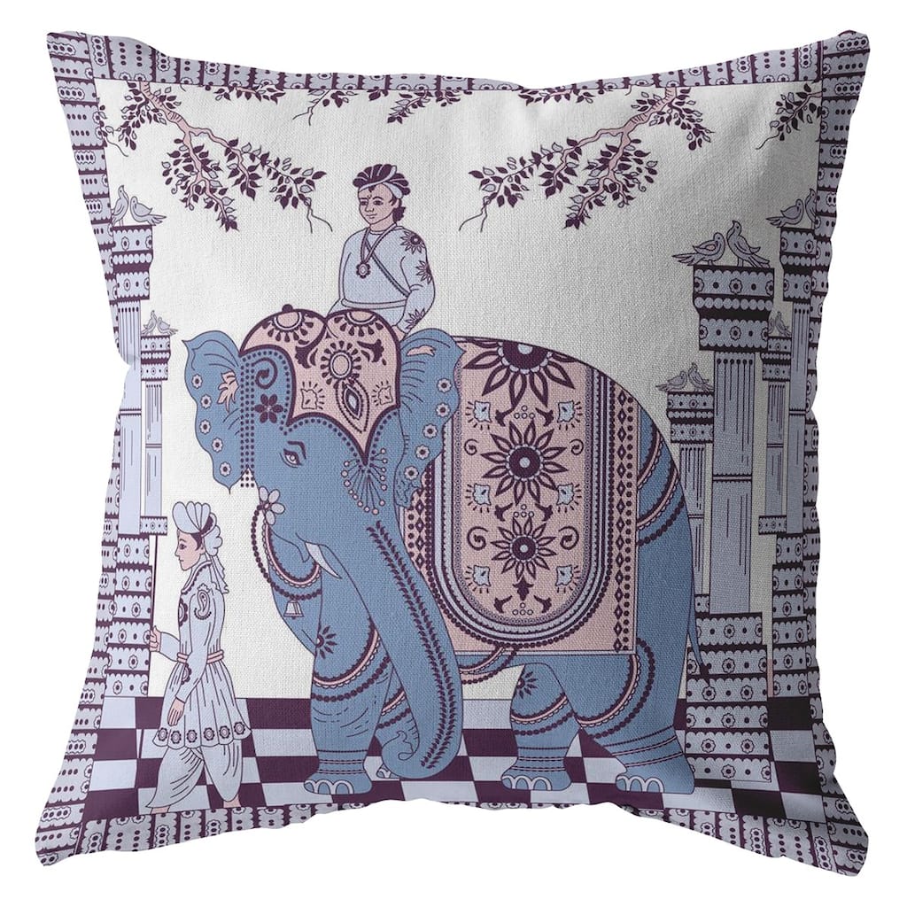 18" Blue Purple Ornate Elephant Zippered Suede Throw Pillow