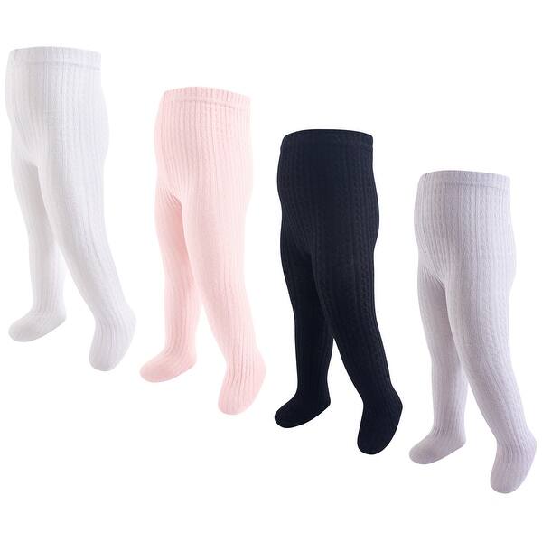 slide 1 of 1, Hudson Baby Infant Girl Cotton Rich Tights, Light Pink Black Cableknit Light Pink Black Cableknit - 0-9 Months