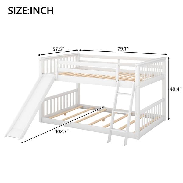 dimension image slide 0 of 2, Full Over Full Wood Low Bunk Bed with Convertible Slide and Ladder