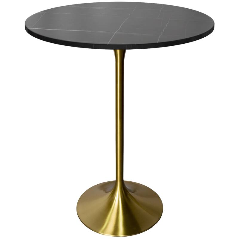 LeisureMod Verve 27" Bar Dining Table with Sintered Stone Round Top in Gold Steel, Gold Marbleized - Black Marbleized