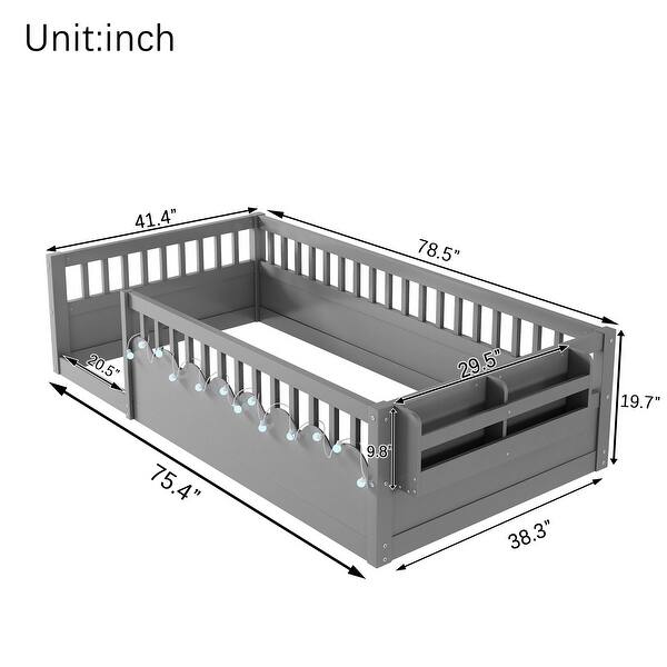 Twin Size Toddler Floor Bed Fence Bed with Guardrails, Grey