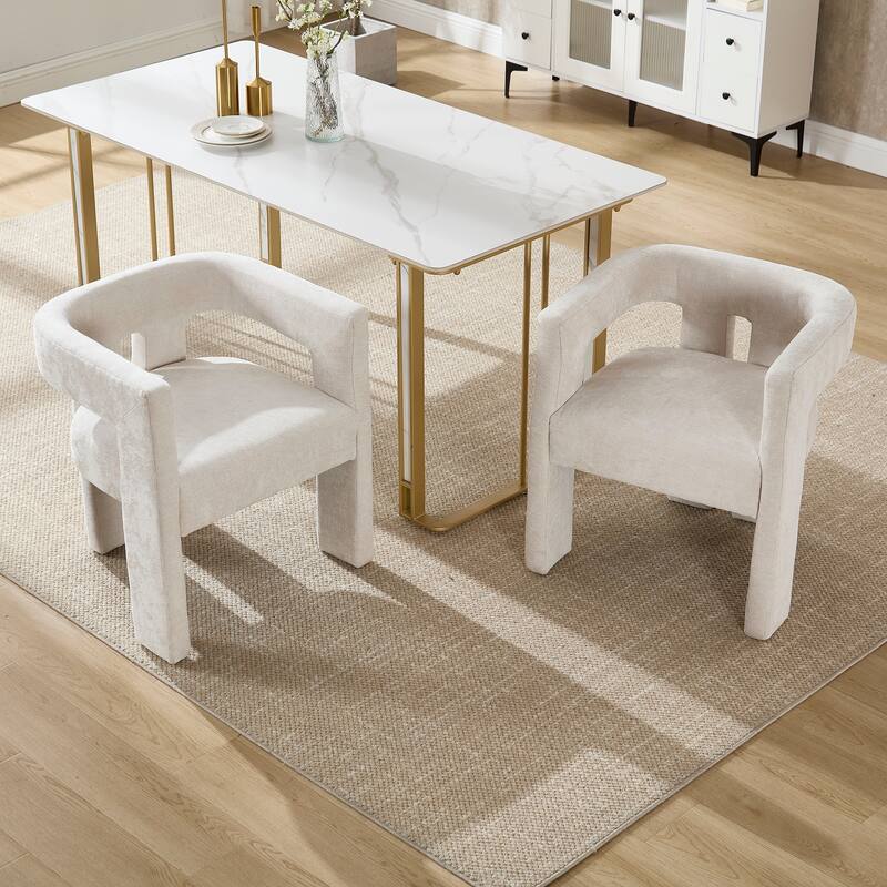 Chenille Barrel Chair Set of 2 with Wood Frame - Beige
