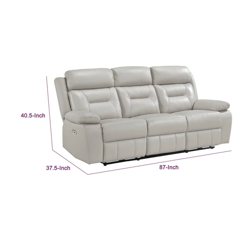 Conia Power Double Reclining Sofa, Light Silver Leather, USB, 87 Inch